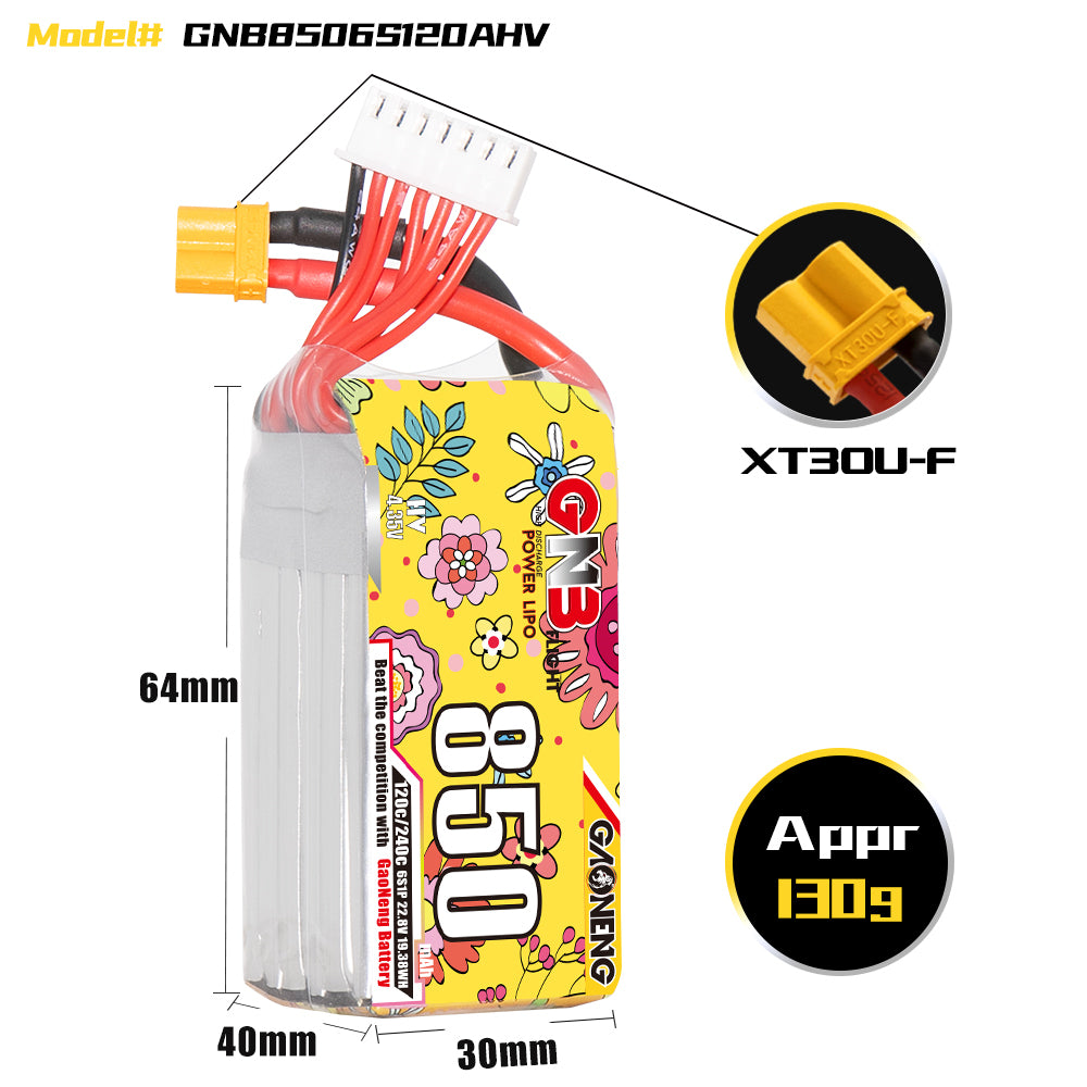 16014 3 battery gnb gaoneng lihv 6s 22 8v 850mah 120c xt30