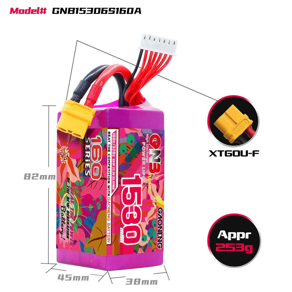 Akumuliatorius GNB GAONENG 1530mah 6S1P 22.2V 160C XH-JST 7P XT60