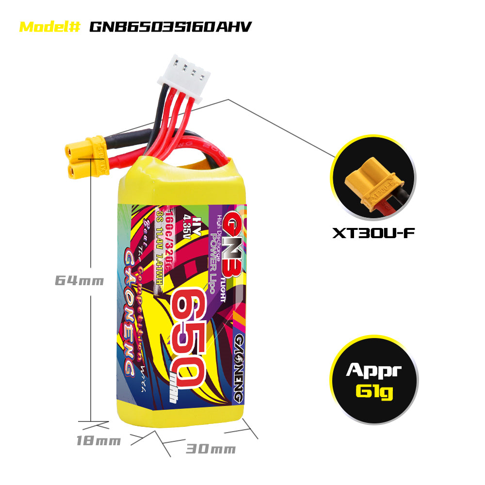 Akumuliatorius GNB GAONENG 650mah 3S1P 11.4V HV 160C XH-JST 4P XT30