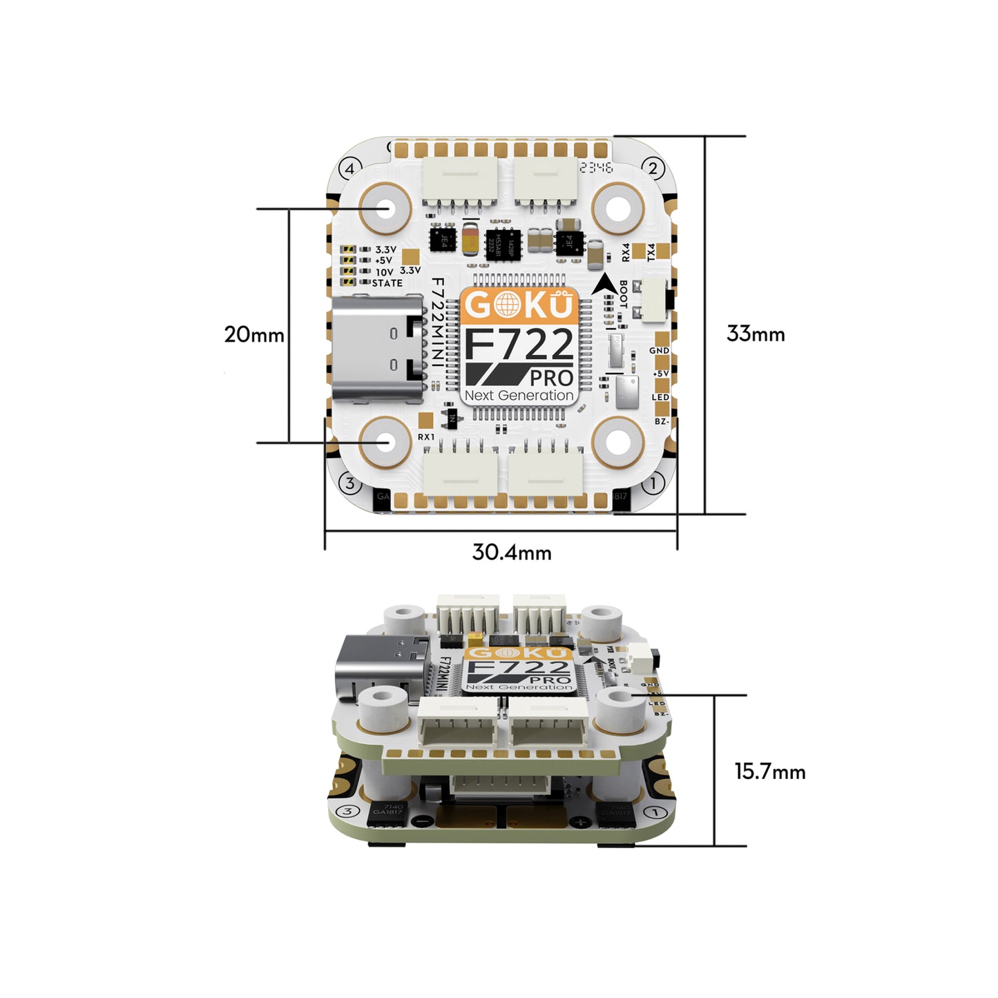 FLYWOO GOKU F722 Pro Mini V2 45A 32 bitų 128K AM32 20x20 akumuliatorius