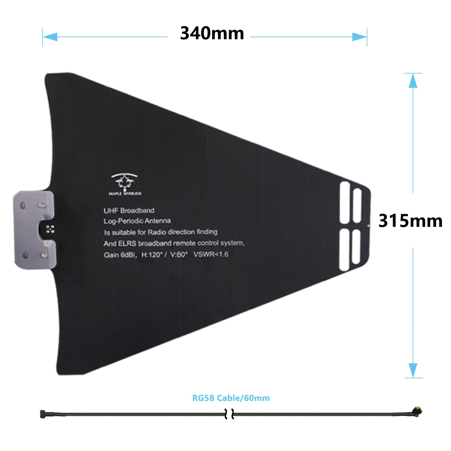 Belaidė klevo antena UHF logaritminiu periodiniu SMA kištuku (370–1400 MHz)