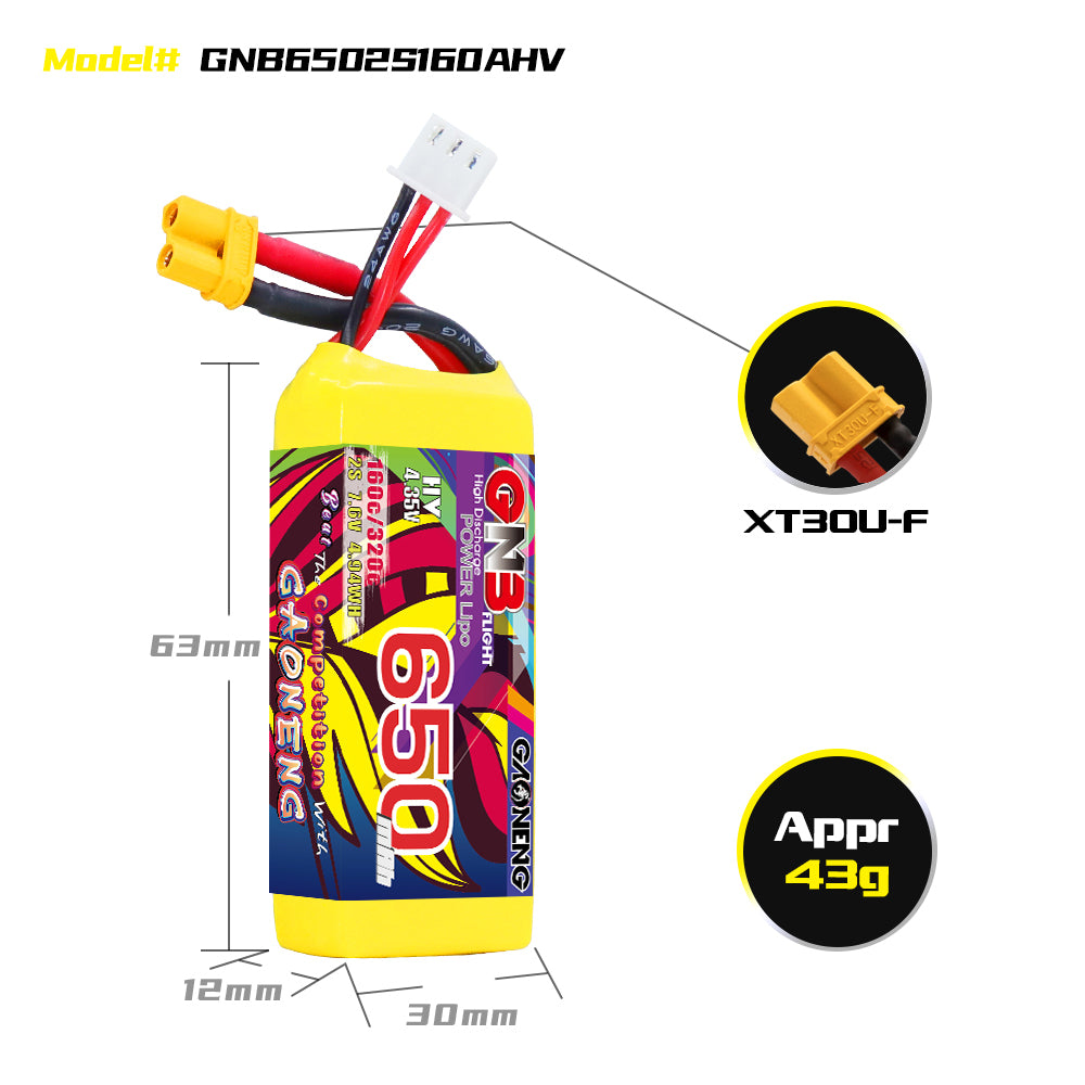 Akumuliatorius GNB GAONENG 650mah 2S1P 7.6V HV 160C XH-JST 3P XT30 