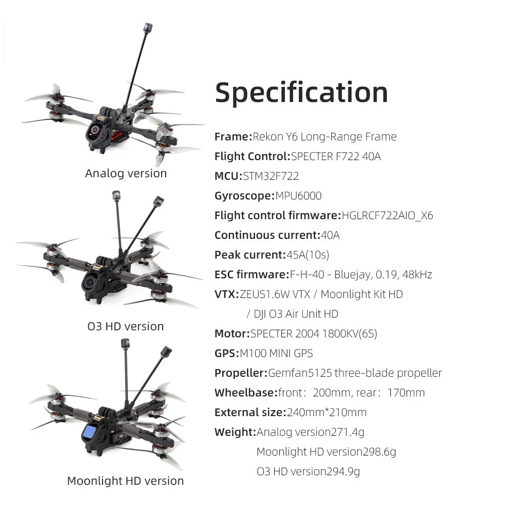 FPV dronas HGLRC Rekon Y6 5 colių ELRS Moonlight komplektas HD