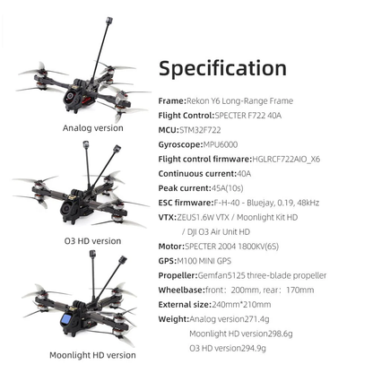FPV dronas HGLRC Rekon Y6 5 colių ELRS Moonlight komplektas HD